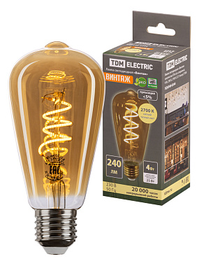 Лампа светодиодная Е27   4Вт 2700К 230В «Винтаж» золотистая со спиралью конус ST64 TDM