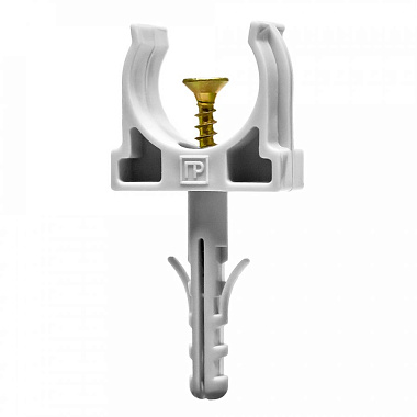 Крепеж-клипса для труб ПВХ (D=20) с дюбелем и саморезом Промрукав серая