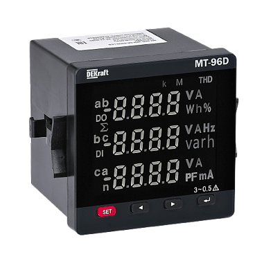 Мультиметр цифровой 96х96мм трехфазный, вход 600В 5А, THD+multi-tariff, RS485+DO, МТ-96D DEKraft
