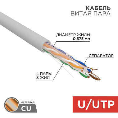 U/UTP Кабель витая пара CAT6 ZH нг(А)-HF 4PR 23AWG Indoor SOLID серый (бухта - 305м) Rexant