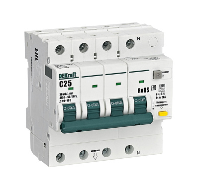 Диф. автомат 3P+N 25А  30мА тип AС х-ка С 6кА ДИФ-103 DEKraft