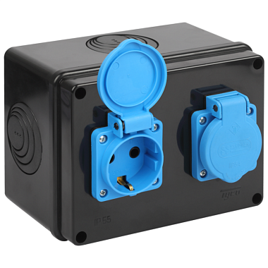 Коробка расп. ОП 150х110х90мм IP54 без вводов с 2 розетками Рувинил черный