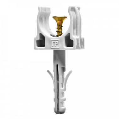 Крепеж-клипса для труб ПВХ (D=16) с дюбелем и саморезом Промрукав серая