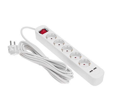 Удлинитель 5* 5 м с з/к с выкл. 2USB 3х1,0мм² белый Standard Rexant