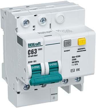 Диф. автомат 2P 63А  30мА тип АC х-ка C 4,5кА ДИФ-101 DEKraft