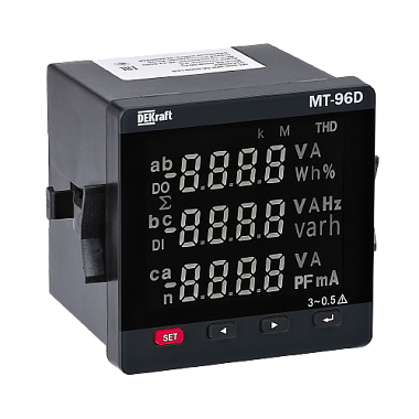 Мультиметр цифровой 96х96мм трехфазный, вход 100В 1А, THD+multi-tariff, RS485, МТ-96D DEKraft