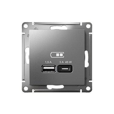 Розетка 1 СП USB A+тип-С 45W высокоскор.заряд QC,PD механизм SE AtlasDesign сталь