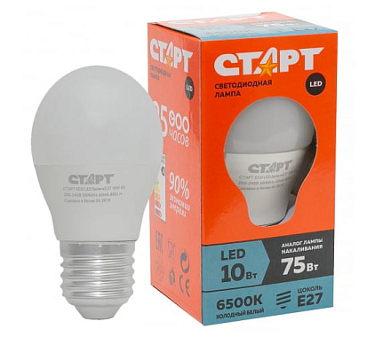 Лампа светодиодная Е27  10Вт 6500К груша СТАРТ ECO