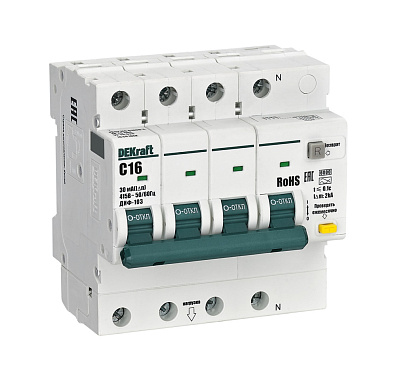Диф. автомат 3P+N 16А  30мА тип AС х-ка С 6кА ДИФ-103 DEKraft