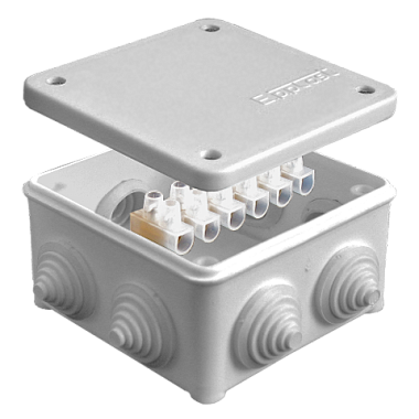 Коробка расп. ОП  84х84х45мм IP54 7 вводов (3 гермоввода; колодка 10А) крышка на винтах серый E.p.plast