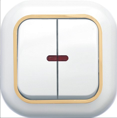 Выключатель 2 СП  6А с подсв. Кунцево-Электро Валентина белый с ободком "под золото"