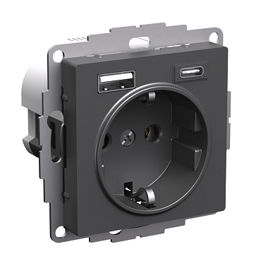 Розетка с заземлением 1 СП 16А с з/шт с 2 USB A+C 5В/2,4А/3,0А, 2х5В/1,5А механизм SE AtlasDesign базальт