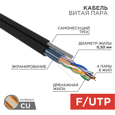 F/UTP Кабель витая пара CAT5e PE 4PR 24AWG Outdoor Solid черный с тросом (бухта - 305м) Rexant