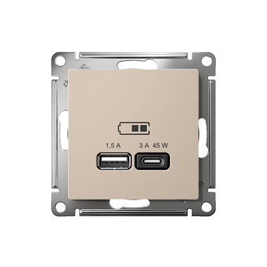 Розетка 1 СП USB A+тип-С 45W высокоскор.заряд QC,PD механизм SE AtlasDesign песочный