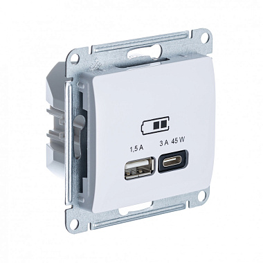 Розетка 1 СП USB A+тип-С 45W высокоскор.заряд QC,PD механизм SE GLOSSA белый