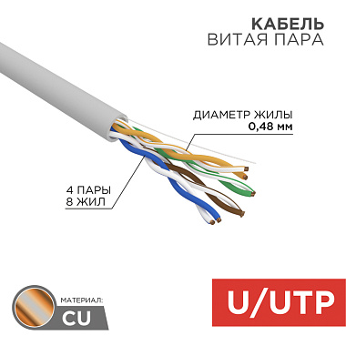 U/UTP Кабель витая пара CAT5e ZH нг(А)-HF 4PR 24AWG Indoor SOLID серый (бухта - 305м) Rexant