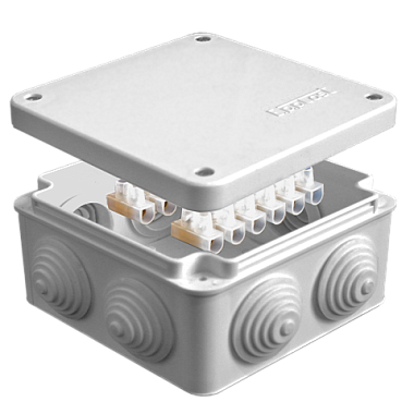 Коробка расп. ОП 105х105х56мм IP54 7 вводов (4 гермоввода; колодка 10А) крышка на винтах серый E.p.plast