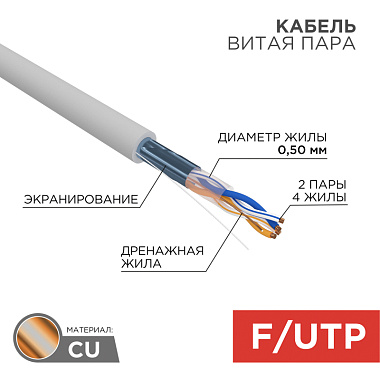 F/UTP Кабель витая пара CAT5e PVC 2PR 24AWG Indoor Solid серый (бухта - 305м) Rexant