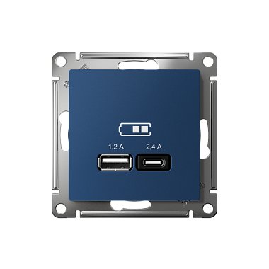 Розетка 1 СП USB A+тип-С 2,4А (2х1,2А) 5В механизм SE AtlasDesign аквамарин