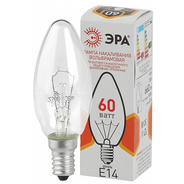 Лампа накаливания Е14 60Вт 230В свеча прозр. цвет. упаковка B36 ЭРА Б0039129