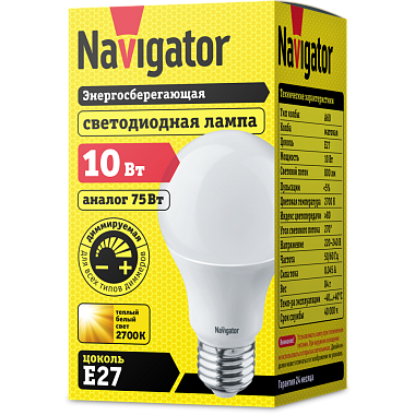 Лампа светодиодная Е27  10Вт 2700К 220-240В груша диммируемая Navigator 14 122