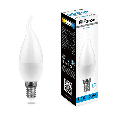 Лампа светодиодная Е14  7Вт 6400К 230В свеча на ветру LB-97 Feron