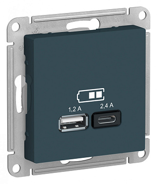 Розетка 1 СП USB А+С 2,4А (2х1,2А) 5В механизм SE AtlasDesign изумруд
