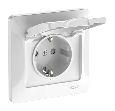 Розетка с заземлением 1 СП 16А с з/шт с крышкой безвинт. зажим IP20 SE Glossa белый