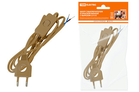Шнур с вилкой с вырезом и проходным выкл. L-2,2м бронза ШВВП 2х0,75мм TDM