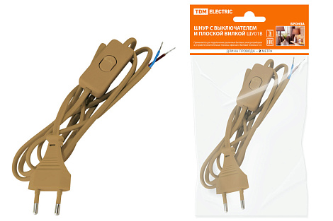 Шнур с вилкой и проходным выкл. L-2,2м бронза ШВВП 2х0,75мм TDM