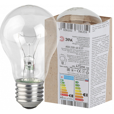 Лампа накаливания Е27 40Вт 230В груша прозр. в гофре A50 ЭРА Б0039117