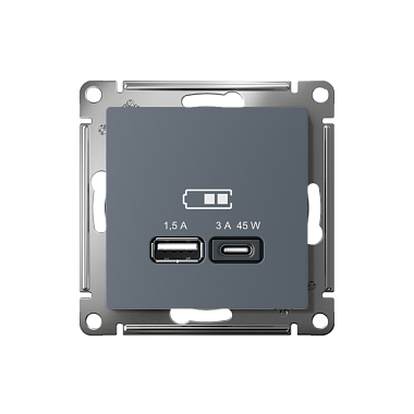 Розетка 1 СП USB A+тип-С 45W высокоскор.заряд QC,PD механизм SE AtlasDesign грифель