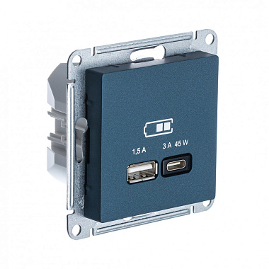 Розетка 1 СП USB A+тип-С 45W высокоскор.заряд QC,PD механизм SE AtlasDesign изумруд