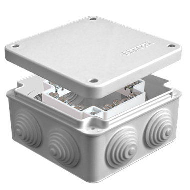 Коробка расп. ОП 105х105х56мм IP54 7 вводов (4 гермоввода; колодка 16А) крышка на винтах серый E.p.plast
