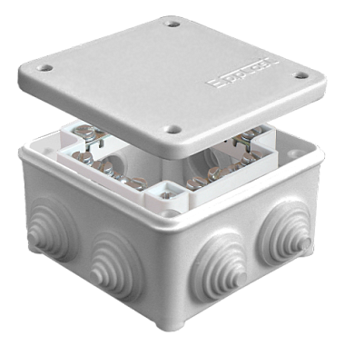 Коробка расп. ОП  84х84х45мм IP54 7 вводов (3 гермоввода; колодка 16А) крышка на винтах серый E.p.plast