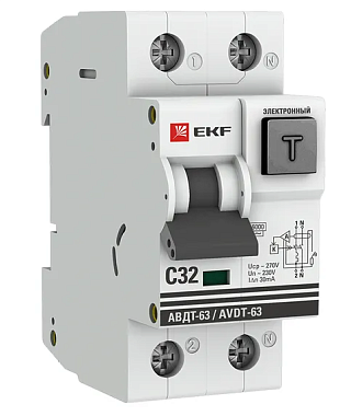 Диф. автомат 2P 32А  30мА тип АC х-ка C 6кА эл. АВДТ-63 EKF PROxima