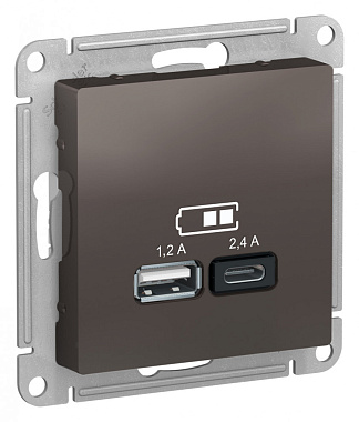 Розетка 1 СП USB А+С 2,4А (2х1,2А) 5В механизм SE AtlasDesign мокко