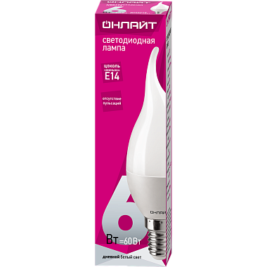 Лампа светодиодная Е14  6Вт 6500К 220-240В свеча на ветру ОНЛАЙТ 61 131