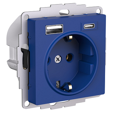 Розетка с заземлением 1 СП 16А с з/шт с 2 USB A+C 5В/2,4А/3,0А 2х5В/1,5А механизм SE AtlasDesign аквамарин