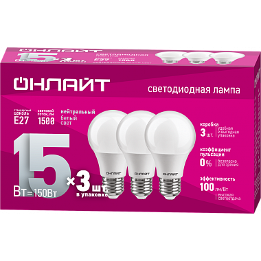 Лампа светодиодная Е27  15Вт 4000К 176-264В груша ОНЛАЙТ 90 607