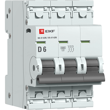 Автоматический выключатель 3P   6А (D) 6,0kA ВА 47-63N EKF PROxima