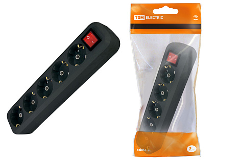 Корпус удлинителя 5 гнезд с/з с выключателем 16А 250В TDM черный