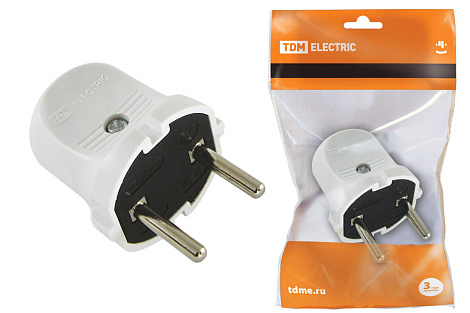 Вилка прямая б/з белая  6А 250В TDM