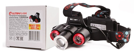 Фонарь налобный Ultraflash 5Вт акк 3,7В 3LED фокус 4 реж USB черн.