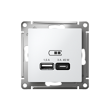 Розетка 1 СП USB A+тип-С 45W высокоскор.заряд QC,PD механизм SE AtlasDesign белый