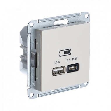 Розетка 1 СП USB A+тип-С 45W высокоскор.заряд QC,PD механизм SE AtlasDesign бежевый