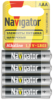 Элемент питания (AAA) щелочной LR03 Alkaline 1,5V (4шт в спайке) Navigator 95 458