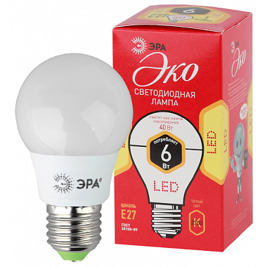 Лампа светодиодная Е27   6Вт 2700К 220В груша тепл. белый свет ЭРА RED LINE ECO Б0028008