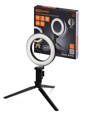 Лампа светодиодная кольцевая 6Вт 2700-6400К штатив наст. диммер 16см USB TDM