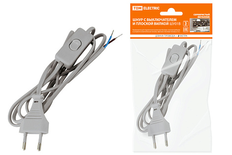 Шнур с вилкой и проходным выкл. L-2,2м сереб. металлик ШВВП 2х0,75мм TDM